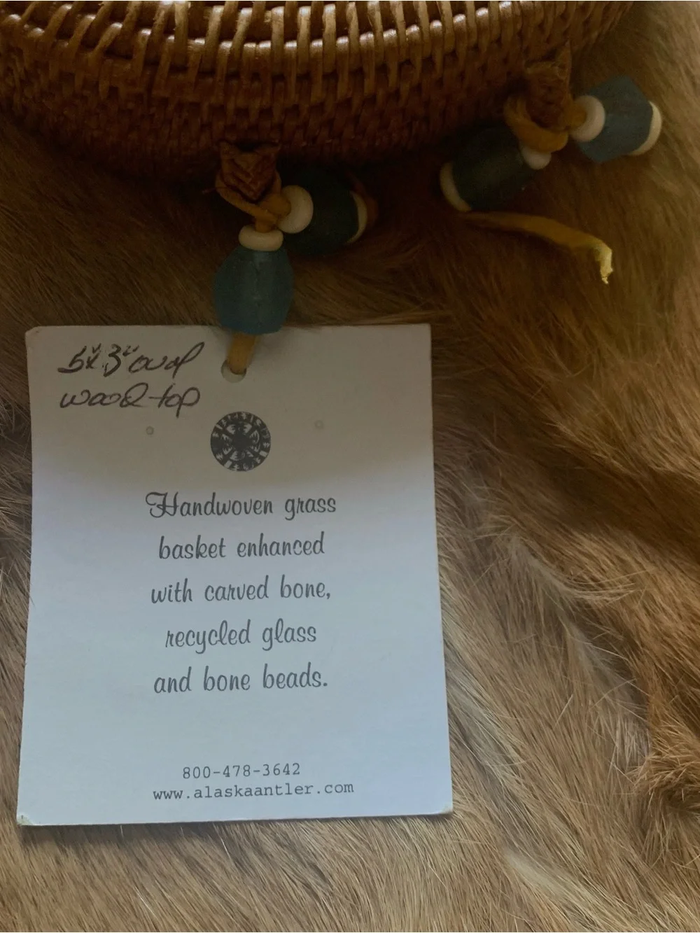 Brand new handmade Alaska woven basket with whale bone